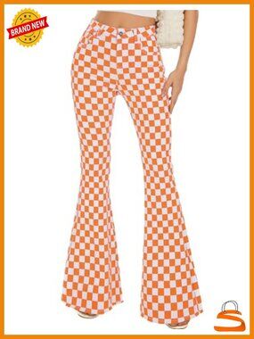 High Waist Stretch Plaid Flare Jeans Bootcut Pants